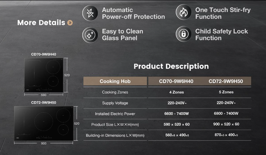 High Power Induction Hob | Full Flexi Induction Zone | Model: H50 | Pioneer Free Style Cooking | Automatic Power Off Protection | Width : 90cm