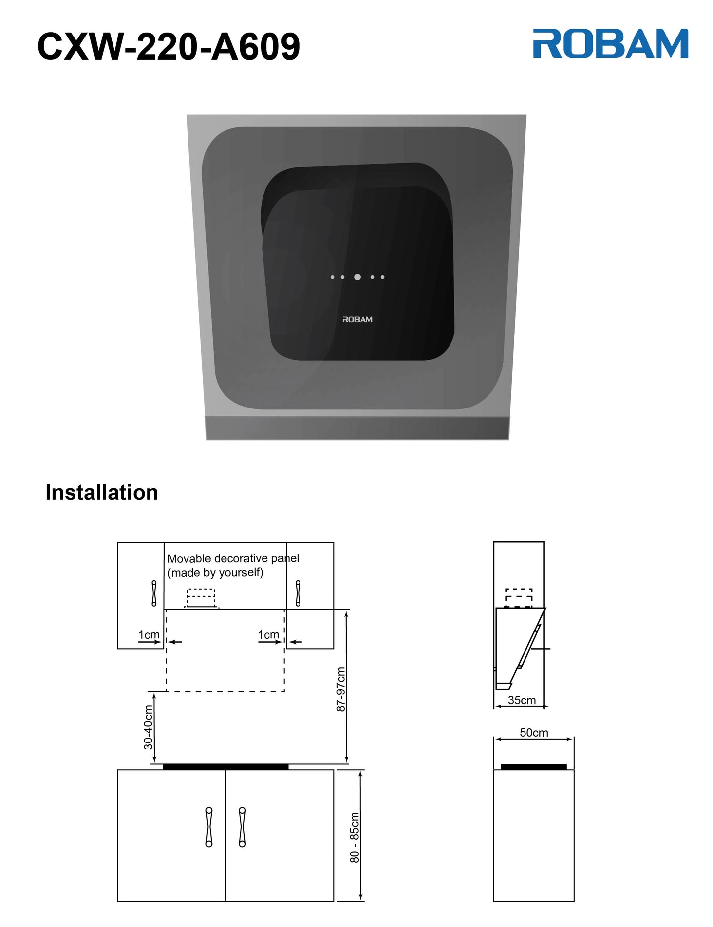 Range Hood | Side Draft type | Model: A609 | 60cm | Airflow: 1020 m3/hr | Pressure: 400 Pa | Noise: < 58dB
