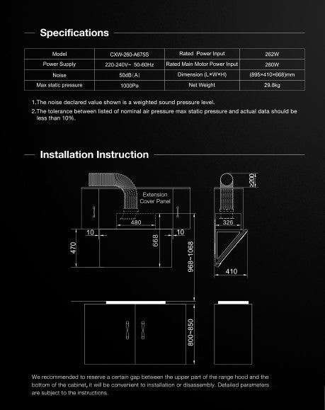 Range Hood | Side Draft type | Model: A675S | 90cm | Airflow: 1500 m3/hr | Pressure: 1000 Pa | Noise: < 50dB | AI Smart Gesture Control