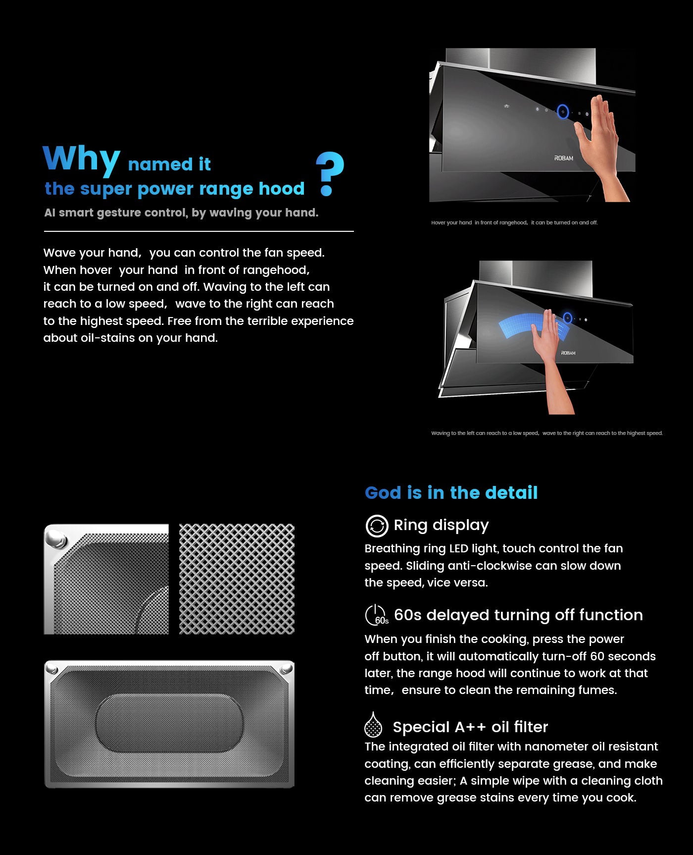 Range Hood | Side Draft type | Model: A675S | 90cm | Airflow: 1500 m3/hr | Pressure: 1000 Pa | Noise: < 50dB | AI Smart Gesture Control