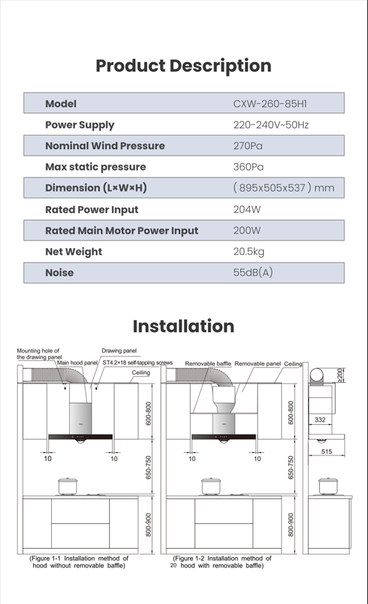 Range Hood | T-shaped type | Model: 85H1 | 90cm | Airflow: 1080 m3/hr | Pressure: 360 Pa | Noise: < 55dB