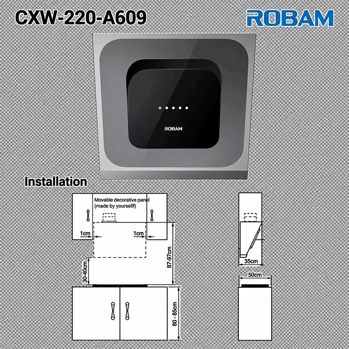 Range Hood | Side Draft type | Model: A609 | 60cm | Airflow: 1020 m3/hr | Pressure: 400 Pa | Noise: < 58dB