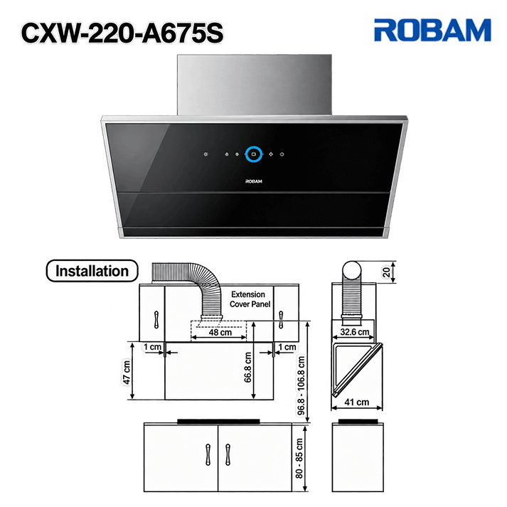 Range Hood | Side Draft type | Model: A675S | 90cm | Airflow: 1500 m3/hr | Pressure: 1000 Pa | Noise: < 50dB | AI Smart Gesture Control
