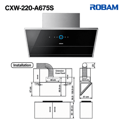 Range Hood | Side Draft type | Model: A675S | 90cm | Airflow: 1500 m3/hr | Pressure: 1000 Pa | Noise: < 50dB | AI Smart Gesture Control
