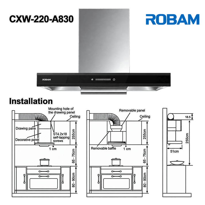 Range Hood | T-shaped type | Model: A830 | 60cm | Airflow: 1080 m3/hr | Pressure: 800Pa | Noise: < 56dB