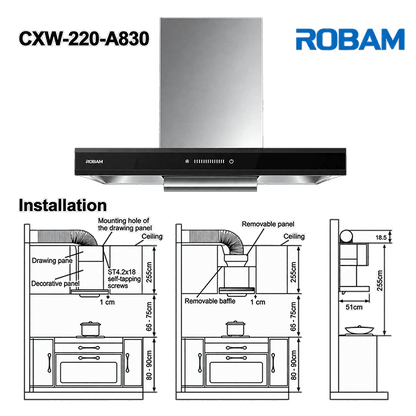 Range Hood | T-shaped type | Model: A830 | 60cm | Airflow: 1080 m3/hr | Pressure: 800Pa | Noise: < 56dB