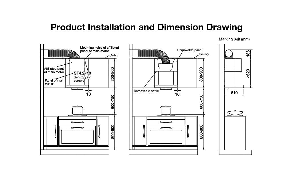 Range Hood | T-shaped type | Model: A8323 | 90cm | Airflow: 1180 m3/hr | Pressure: 1000 Pa | Noise: < 47dB on Low level Fan Speed