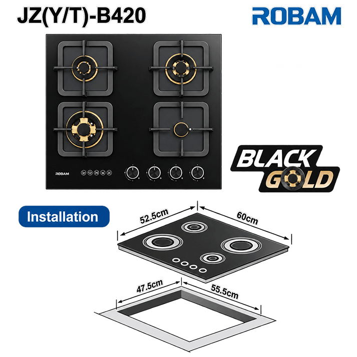 Black Gold Series | Model: B420 | Premium Brass Burners |Explosion Proof 8mm Black Glass | 60cm width