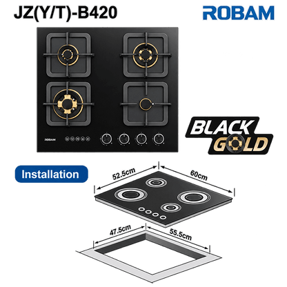 Black Gold Series | Model: B420 | Premium Brass Burners |Explosion Proof 8mm Black Glass | 60cm width