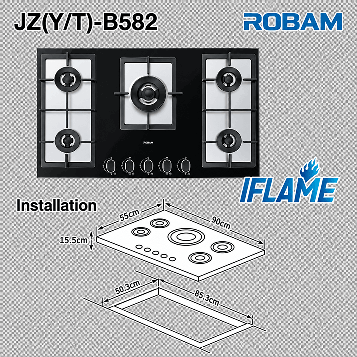 Premium Copper Burners Gas Hob | Model: B582 | Very Large Surface - Accommodates 5 Large Pans | Width: 90cm