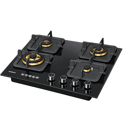 Black Gold Series | Model: B420 | Premium Brass Burners |Explosion Proof 8mm Black Glass | 60cm width