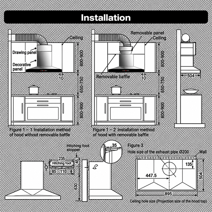 Range Hood | Deep Cavity type | Model: A837 | 90cm | Airflow: 1200 m3/hr | Pressure: 800 Pa | Noise: < 53dB