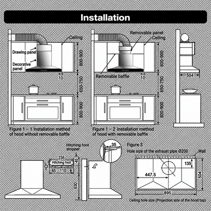Range Hood | Deep Cavity type | Model: A837 | 90cm | Airflow: 1200 m3/hr | Pressure: 800 Pa | Noise: < 53dB