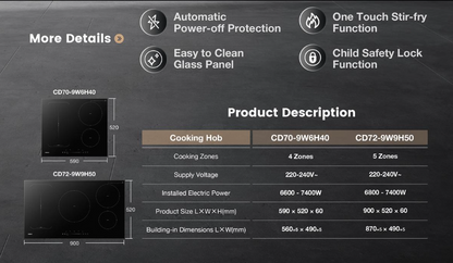 High Power Induction Hob | Flexi Induction Zone | Model: H40 | Pioneer Free Style Cooking | Automatic Power Off Protection | Width : 60cm