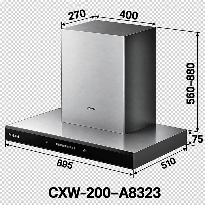 Range Hood | T-shaped type | Model: A8323 | 90cm | Airflow: 1180 m3/hr | Pressure: 1000 Pa | Noise: < 47dB on Low level Fan Speed