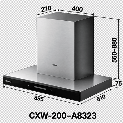 Range Hood | T-shaped type | Model: A8323 | 90cm | Airflow: 1180 m3/hr | Pressure: 1000 Pa | Noise: < 47dB on Low level Fan Speed