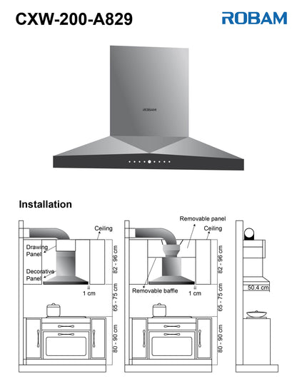 Range Hood | Deep Cavity type | Model: A829 | 90cm | Airflow: 1200 m3/hr | Pressure: 420 Pa | Noise: < 57dB