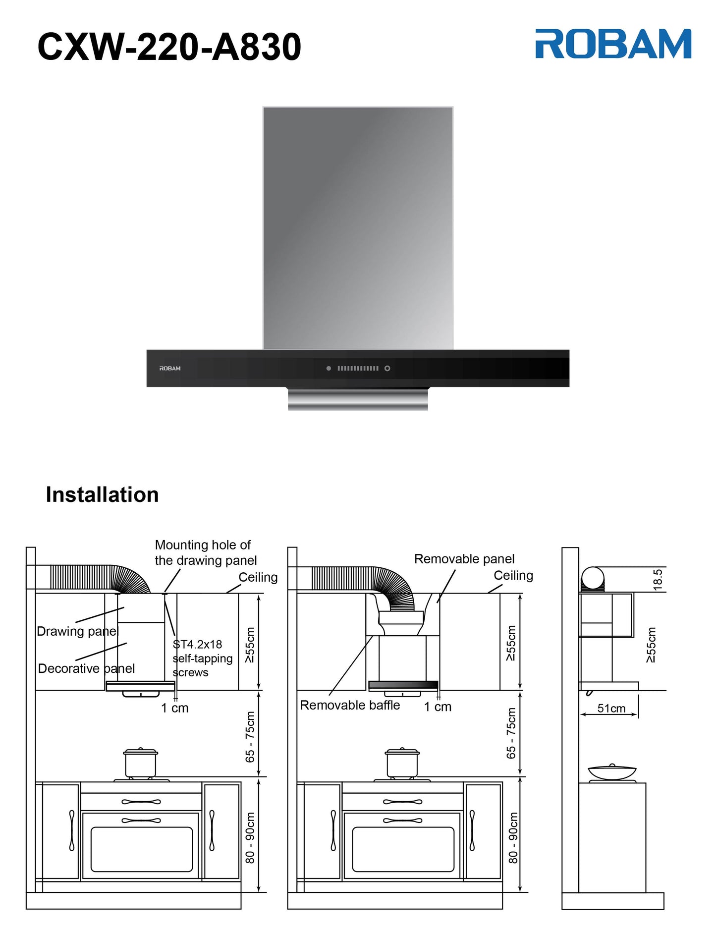 Range Hood | T-shaped type | Model: A830 | 60cm | Airflow: 1020 m3/hr | Pressure: 800 Pa | Noise: < 56dB