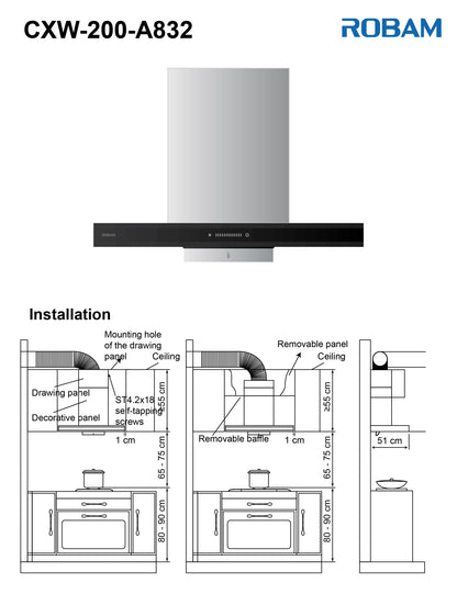 Range Hood | T-shaped type | Model: A832 | 90cm | Airflow: 1020 m3/hr | Pressure: 800 Pa | Noise: < 56dB