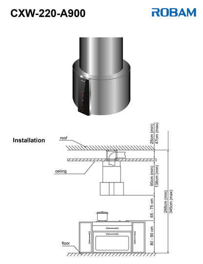 Robam Island Type Range Hood | Modern Tubular Design Range Hood | Model: 9100 | Powerful Motor - Airflow: 1140 m3/hr | Max Static Pressure: 350 Pa | Noise: < 68dB