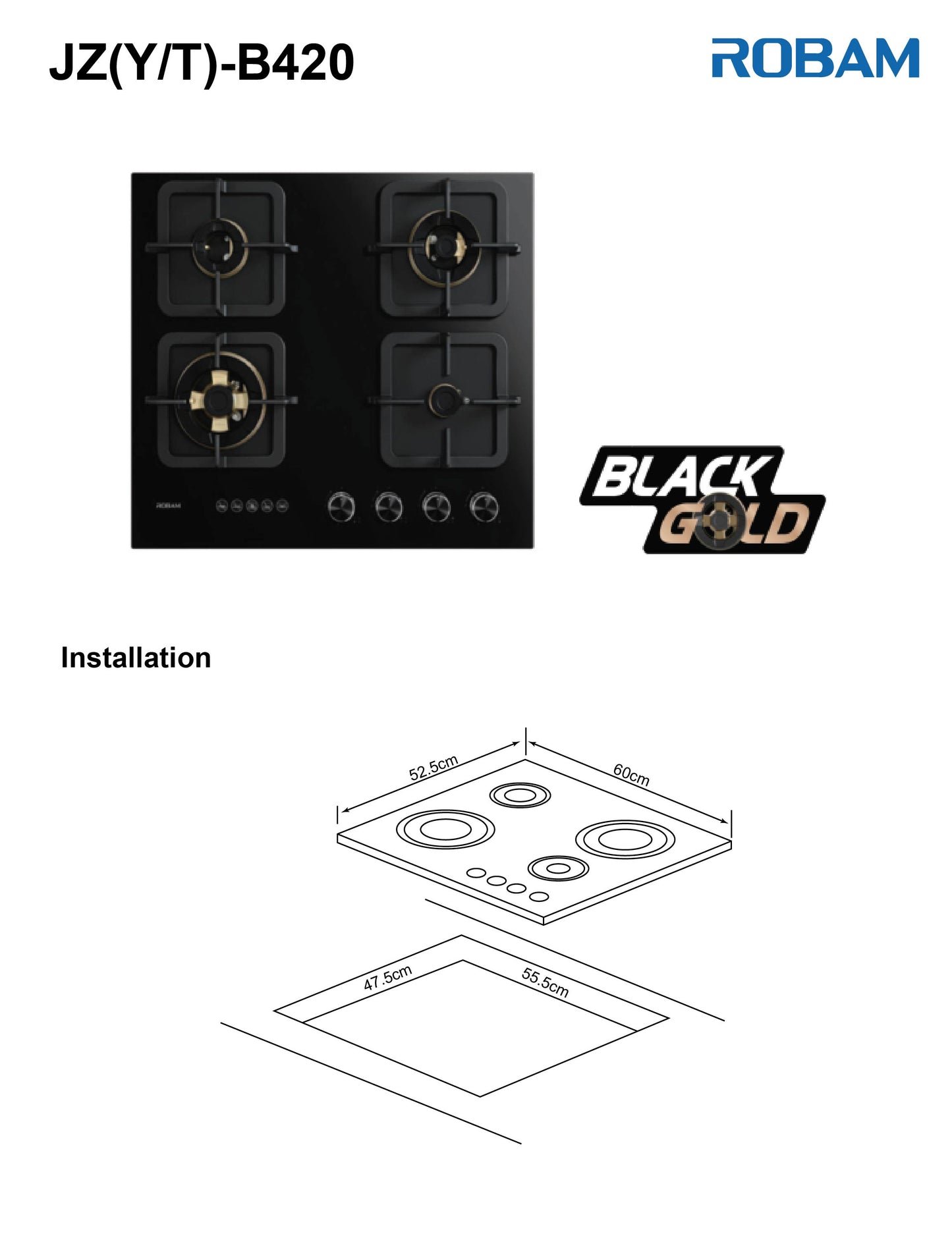 Black Gold Series | Model: B420 | Premium Brass Burners |Explosion Proof 8mm Black Glass | 60cm width