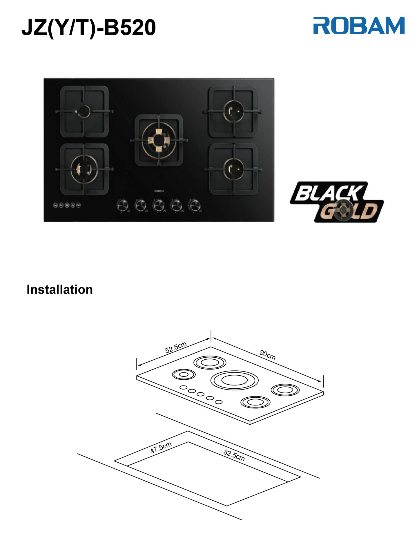 Black Gold Series | Model: B520 | High Power Brass Burners | Explosion Proof 8mm Black Glass | 90cm width