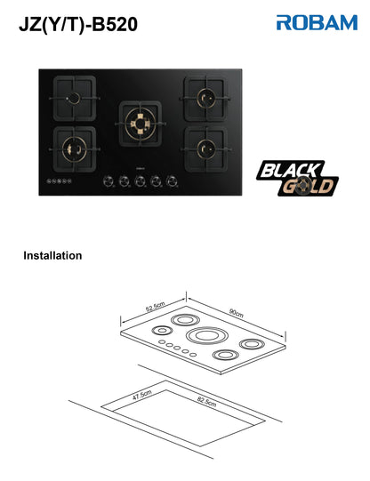 Black Gold Series | Model: B520 | High Power Brass Burners | Explosion Proof 8mm Black Glass | 90cm width