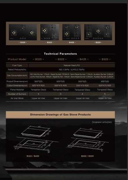 Black Gold Series | Model: B520 | High Power Brass Burners | Explosion Proof 8mm Black Glass | 90cm width