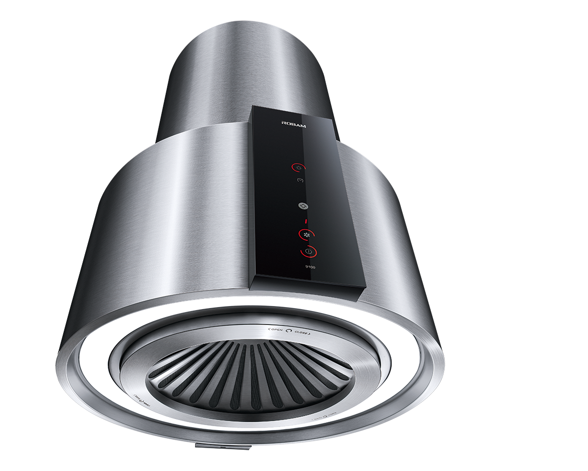 Robam Island Type Range Hood | Modern Tubular Design Range Hood | Model: 9100 | Powerful Motor - Airflow: 1140 m3/hr | Max Static Pressure: 350 Pa | Noise: < 68dB