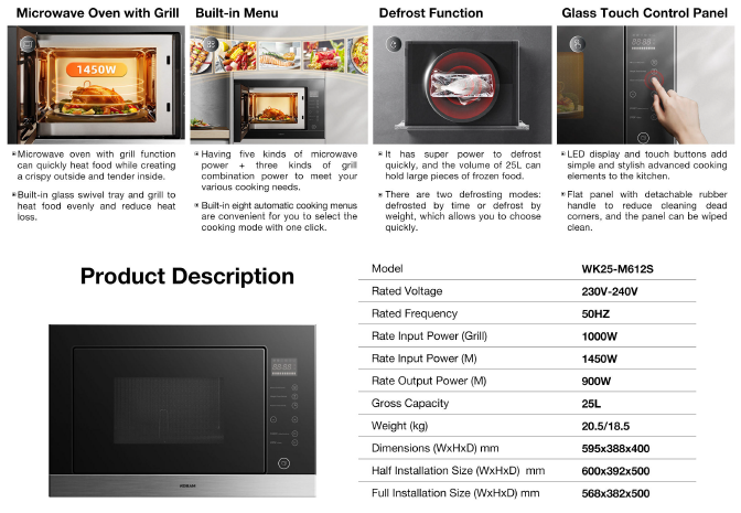 High Power Microwave Oven | Built-in | Model: M612S | Width: 60cm | Capacity:  25L | Power: 1450W