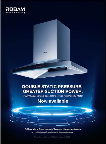 Range Hood | Deep Cavity type | Model: A837 | 90cm | Airflow: 1200 m3/hr | Pressure: 800 Pa | Noise: < 53dB