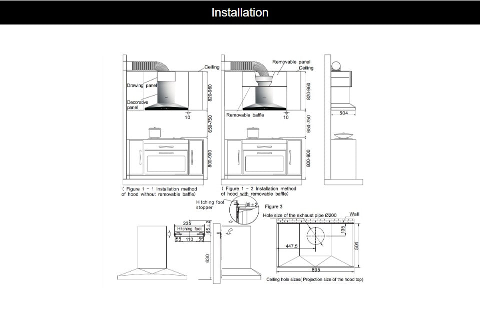 Range Hood | Deep Cavity type | Model: A837 | 90cm | Airflow: 1200 m3/hr | Pressure: 800 Pa | Noise: < 53dB