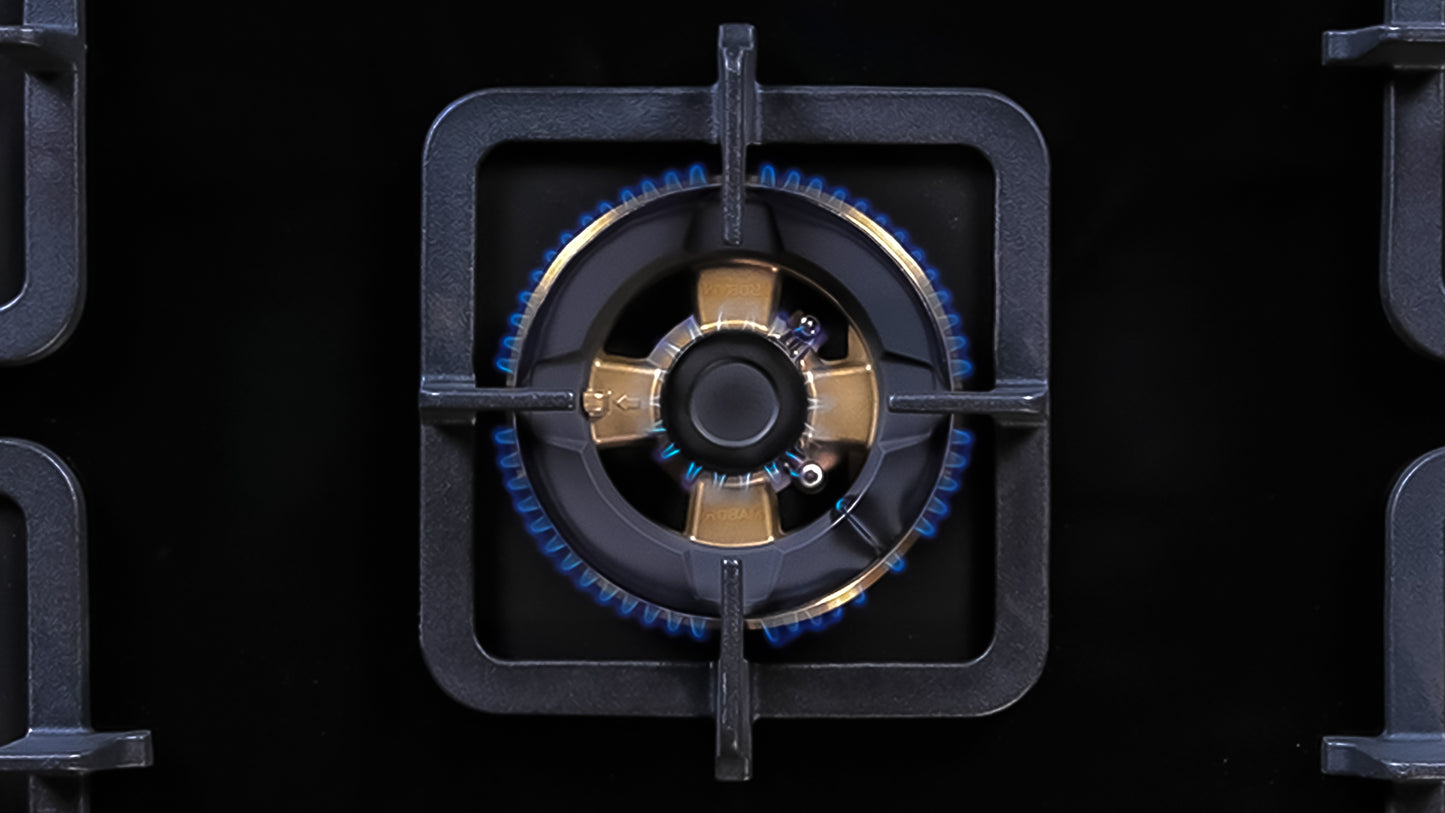 Black Gold Series | Model: B520 | High Power Brass Burners | Explosion Proof 8mm Black Glass | 90cm width