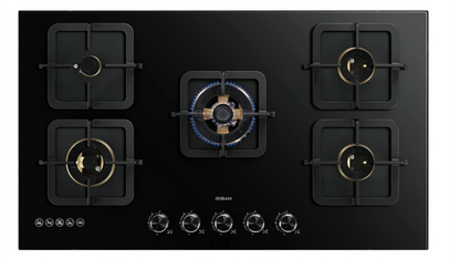 Black Gold Series | Model: B520 | High Power Brass Burners | Explosion Proof 8mm Black Glass | 90cm width