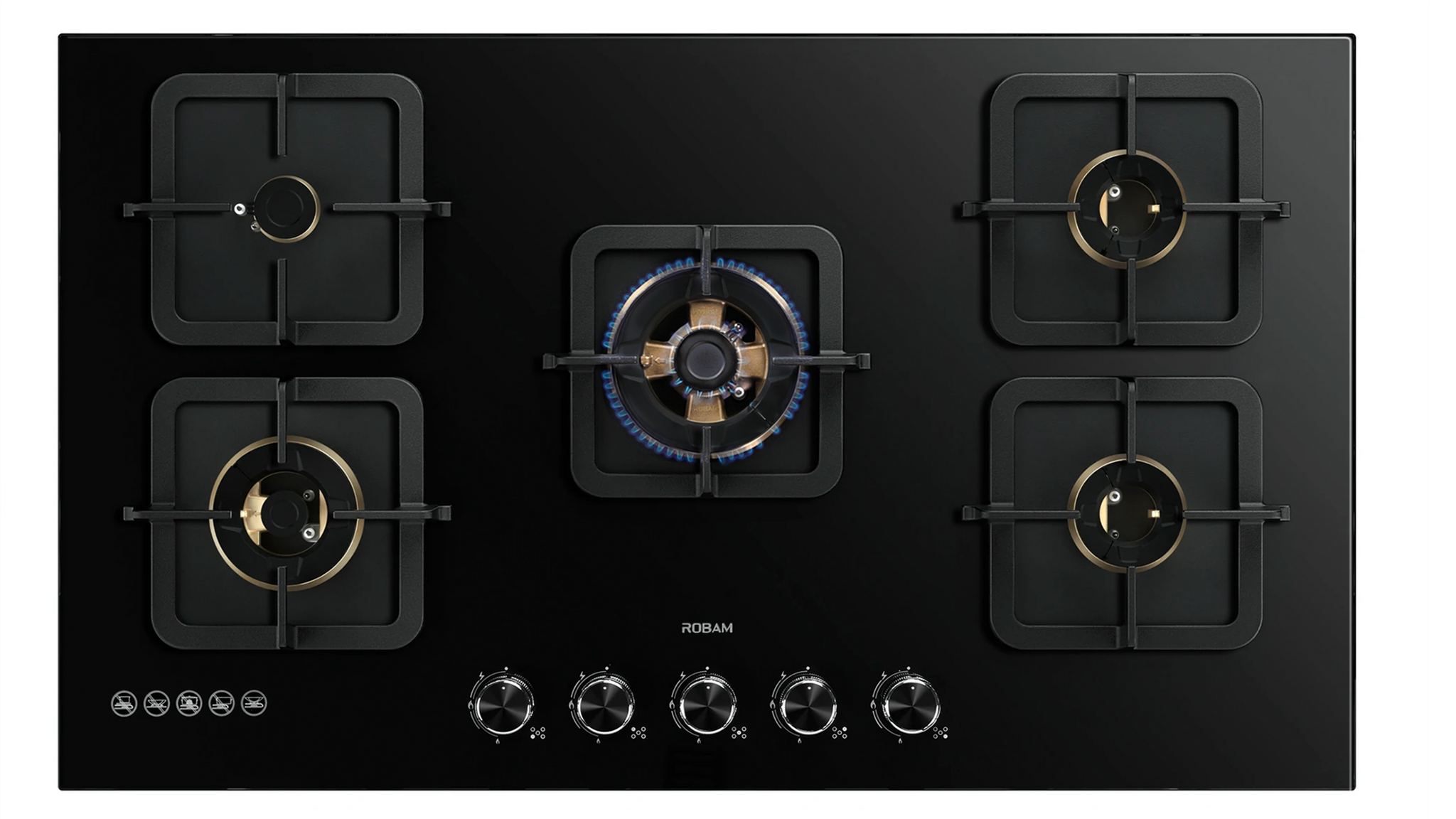 Premium Brass Burners Gas Hob Black Gold Series Model B520 90cm